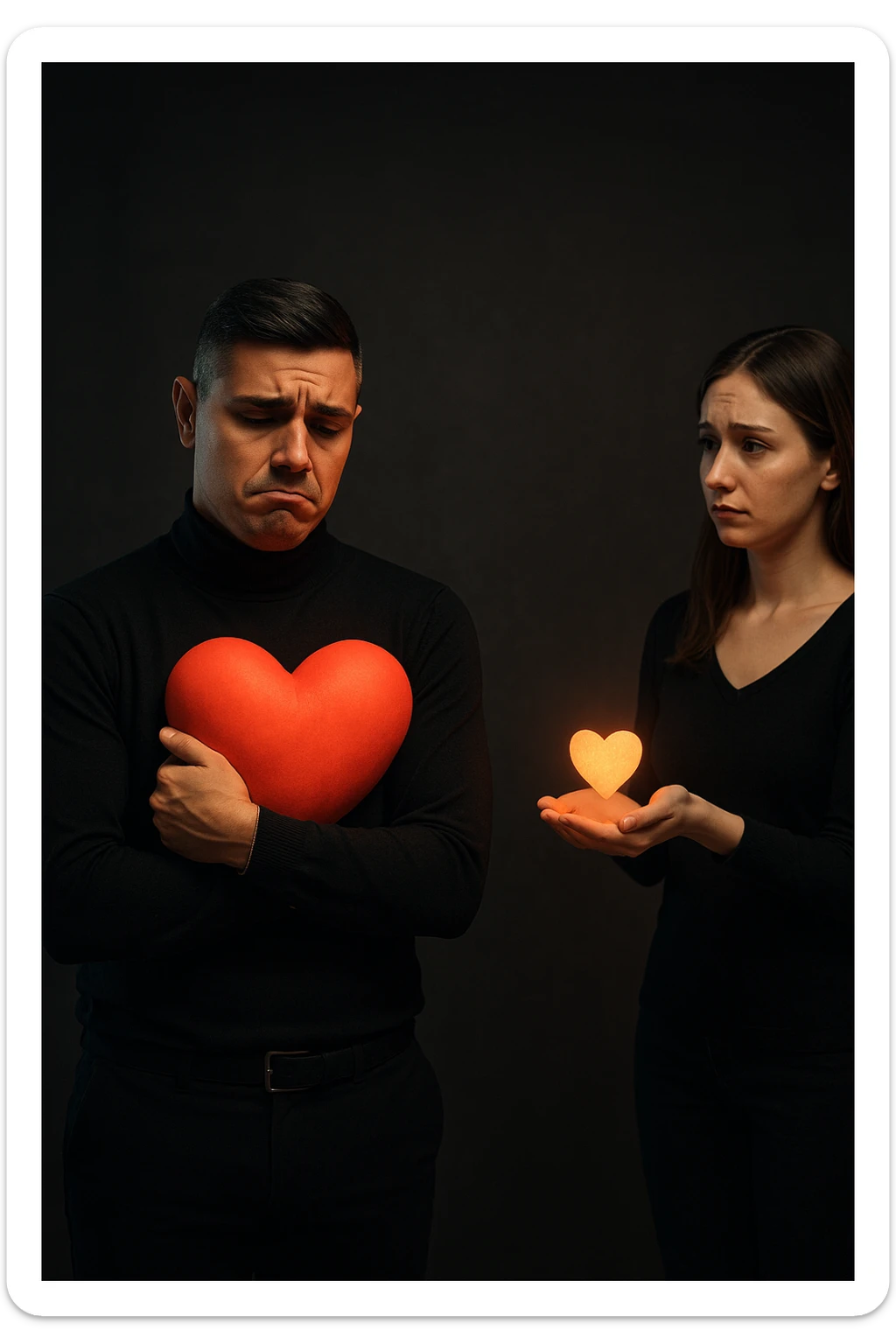 an Italian man in his 30s with olive skin and dark hair stands apart from a woman who offre un piccolo cuore luminoso tra le mani. Lui guarda il cuore con un’espressione triste e insoddisfatta, tenendo tra le braccia un cuore molto più grande e brillante, mentre la distanza tra loro è accentuata da luci soffuse e ombre. sticker