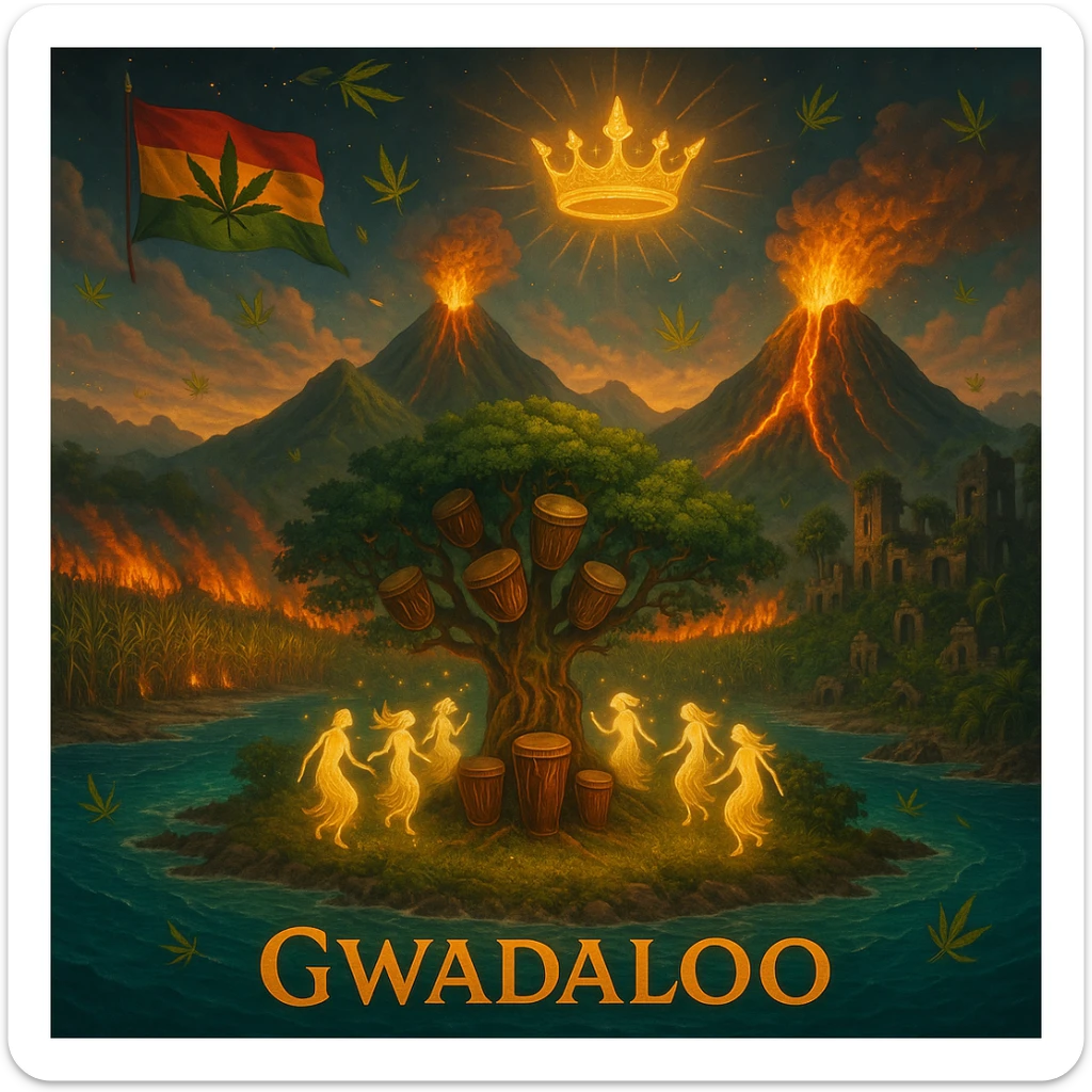 “Depict a mystical reimagining of Guadeloupe, a sacred French Caribbean island renamed Gwadaloo in spiritual rhythm. The landscape blends lush green mountains, twin volcanoes erupting golden light, and deep turquoise sea. In the center stands a legendary Drum Tree — its branches grow carved wooden drums instead of fruit, and glowing ancestral spirits dance around it in a circle of rhythm. Sugarcane fields burn gently in the background, symbolizing the release of colonial pain, while ganja leaves drift in the wind like blessings. Overhead, a sacred ganja-leaf flag flutters in the sky with red, green, and gold colors. A Creole crown floats in golden light above the island, not on any man’s head, but pulsing to the beat of the land. In the distance, ghostly ruins of colonial buildings crumble into dust, reclaimed by vines and time. Use a vibrant, cinematic color palette with warm golden light, deep greens, glowing reds, and ocean blues. Style the scene as prophetic, surreal, and empowering — a vision of Caribbean sovereignty, rhythm, and soul remembrance." sticker