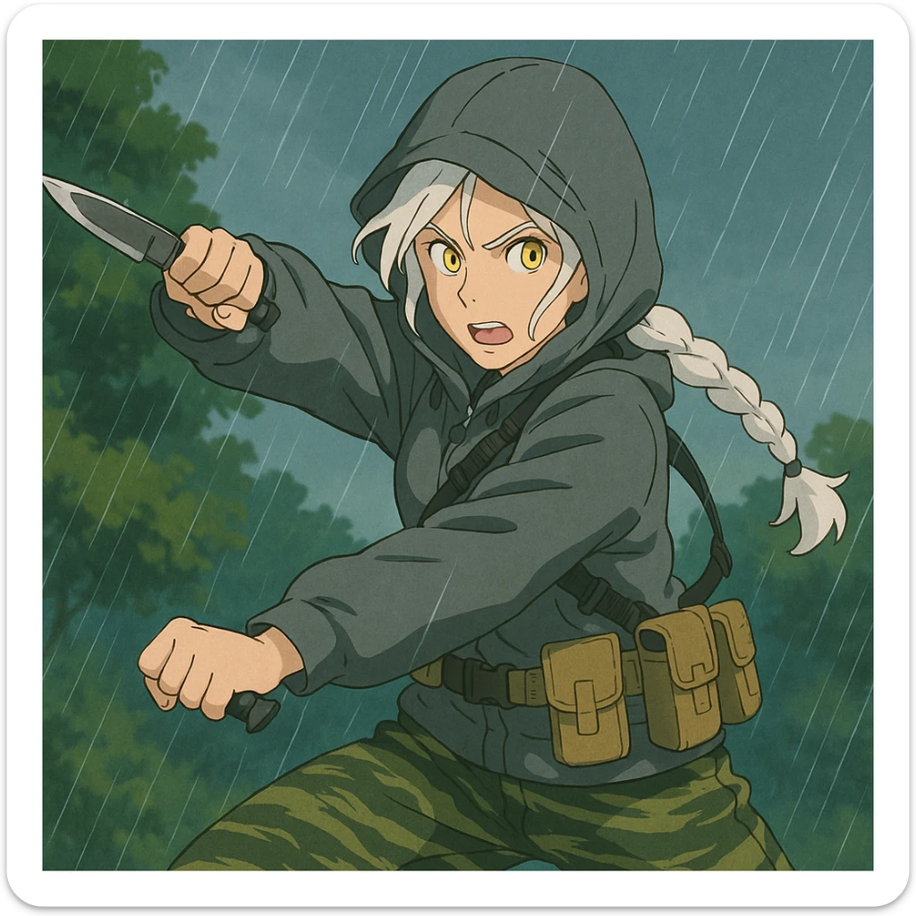 1 female, mid-20's  white hair long braid, gold yellow eyes, gray rainproof hoodie, hood up, single point sling, tan mag pouches on belt rig, tiger stripe camo pants, holding a combat blade, striking, swing sticker