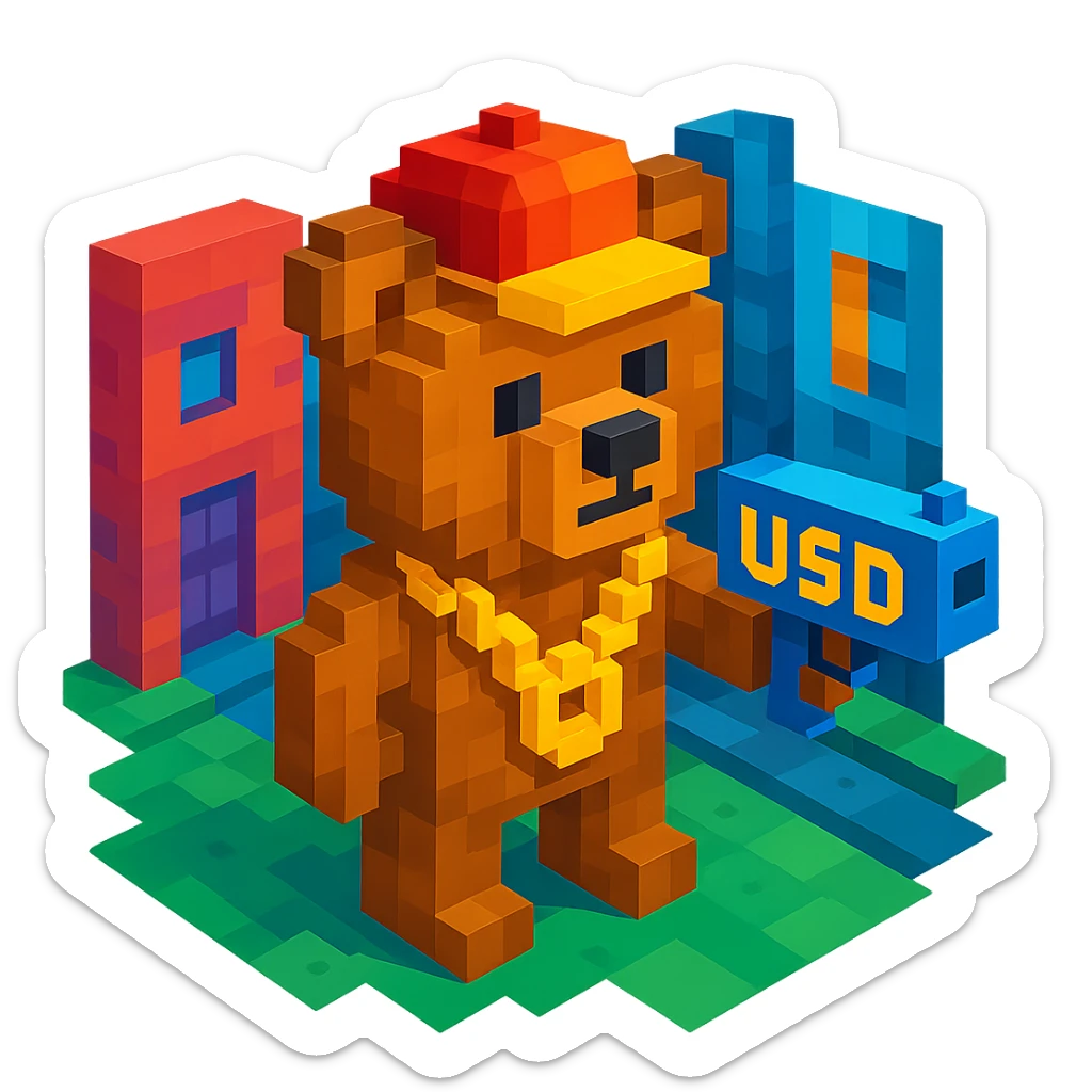 Russian grizzly bear with a rapper chain and a money gun, standing in a city alley sticker