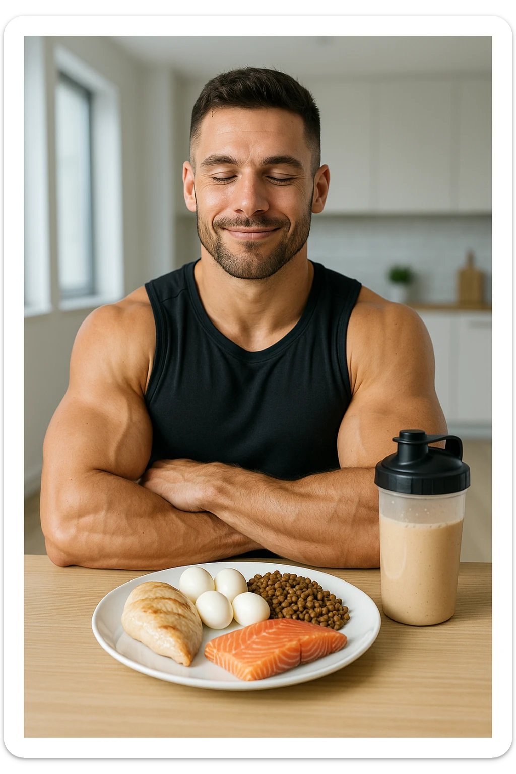 Uomo muscoloso, seduto a tavola con un piatto ricco di proteine: petto di pollo, uova, legumi, pesce e frullato proteico. Espressione soddisfatta e consapevole, in un ambiente luminoso, magari una cucina moderna o uno spogliatoio da palestra. Muscoli ben definiti, simbolo di cura e attenzione all’alimentazione. Atmosfera positiva, energetica sticker
