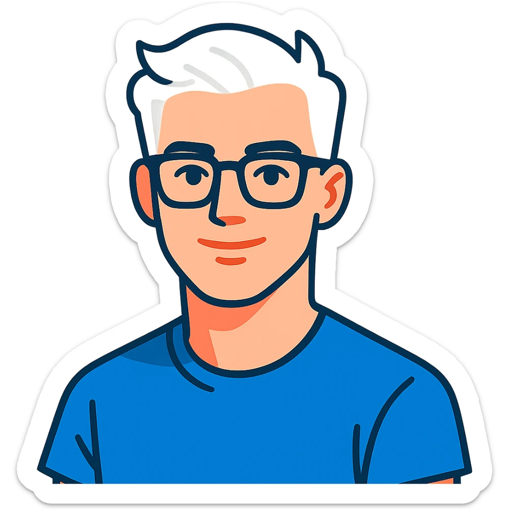 22-year-old white man with fair skin, white hair, and black glasses sticker