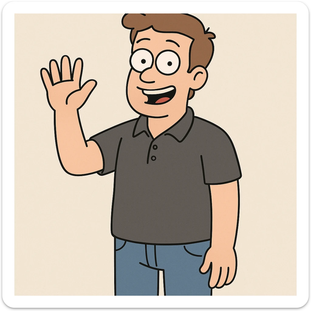 A man and light brown hair Dark Grey Pique Polo Shirt blue jeans hand to say hello sticker