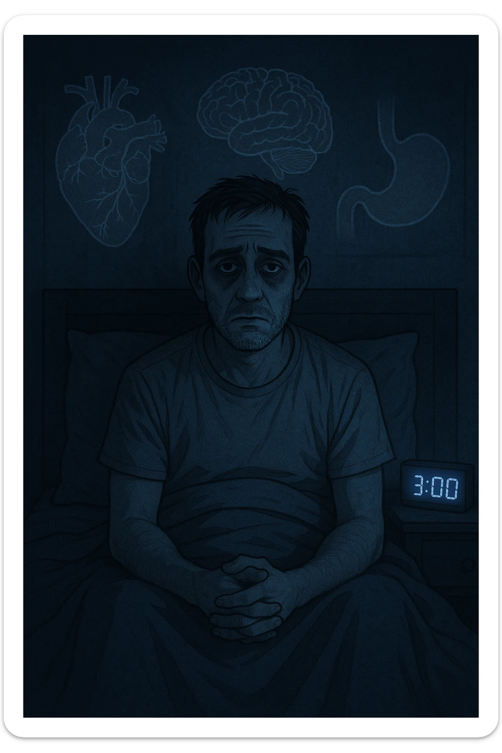 a man sits awake in bed in the middle of the night, dark circles under his eyes and a tired, anxious expression. The room is dimly lit by the blue glow of a phone or digital clock showing 3:00 AM. Around him, faint ghostly overlays of anatomical drawings highlight affected organs—heart, brain, and stomach—symbolizing the physical harm caused by disrupted sleep. sticker