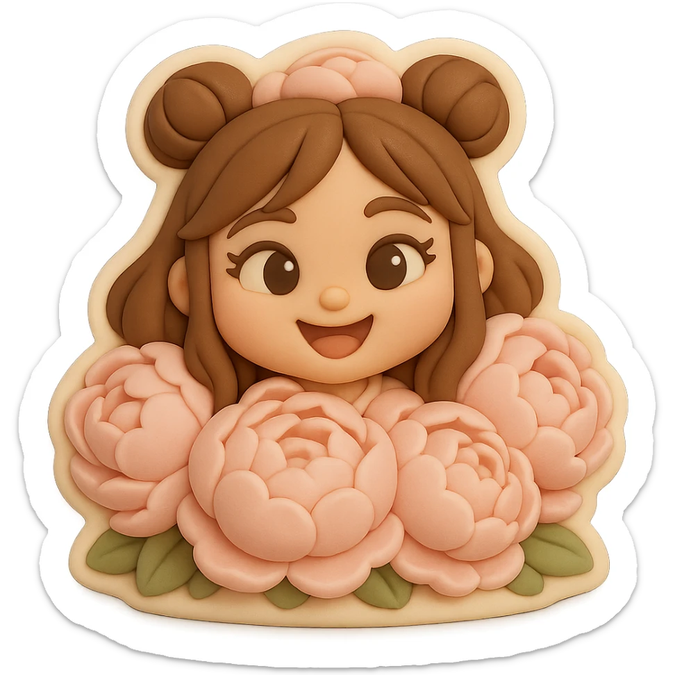 3D chibi fondant cake art style, high-quality rendering with smooth shadows and soft gradients. Girl based on reference image with preserved facial features and eye shape exactly as in the reference. Long brown hair in two space buns, brown eyes, thick white outline like a sticker, transparent background. Her happy face peeks out from a dense dome of giant soft pink peonies, petals almost touching her cheeks and forehead. sticker
