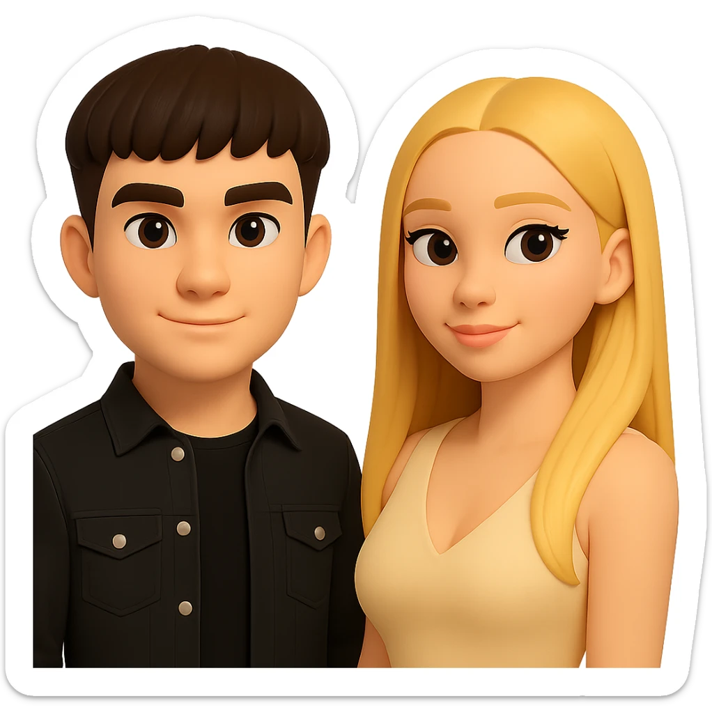 Slightly increase the volume of the upper body of the girl, separate the girl and the boy from each other, make the skin color the same for both characters. Maintain the cartoonish 3D style. Keep the background transparent. sticker