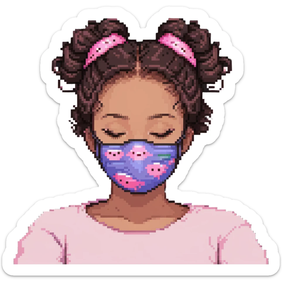 Pixel art girl sleeping with pink beauty face mask, hair in messy bun, self care sticker