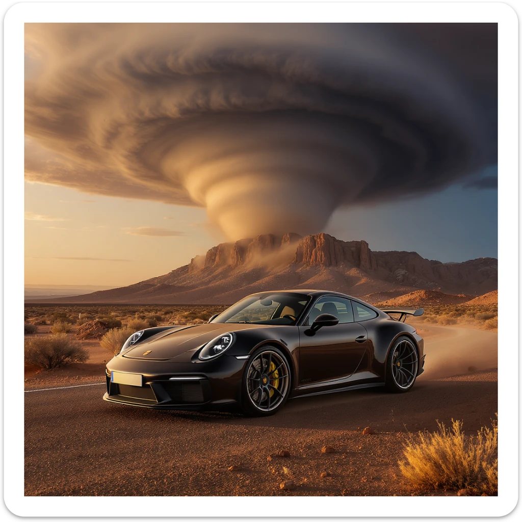 Cinematic still of a A modern desert mountain, wallpaper, modern, porsche 911, sunset, arizona desert, tornado in background sticker