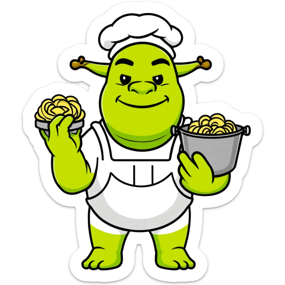 Shrek the green ogre holding a bucket of carbonara pasta sticker