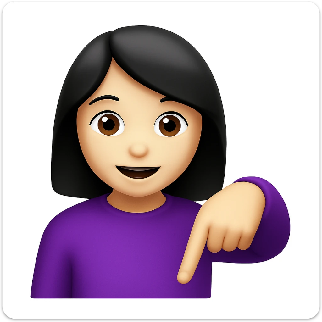 Edit the image of a woman with black hair and purple shirt, same as the reference, but with her finger pointing down. The original style is 3D emoji style, please keep that look in the edit. sticker