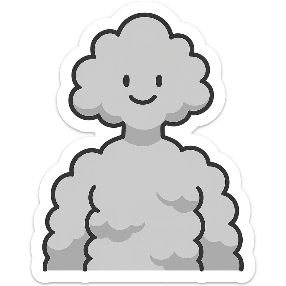 person whose body up to the shoulders is entirely made of fluffy voluminous clouds, clouds forming the figure, minimalist illustration sticker