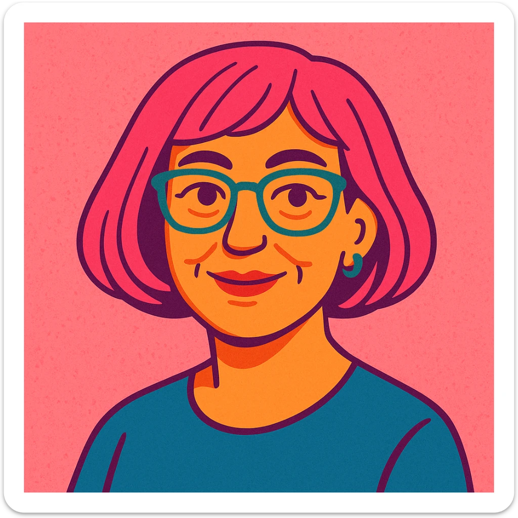Middle-aged female, pink bob hair, pink salt background, approachable and stylish sticker