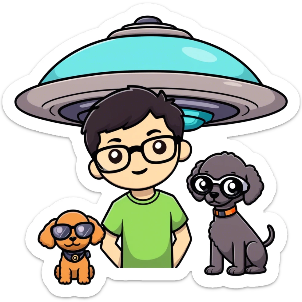 A little boy with straight black medium-length hair, white skin, and black eyes wearing black-framed glasses is taking photos on a UFO with a camera. Beside him, there is an alien and a brown round-headed poodle. sticker