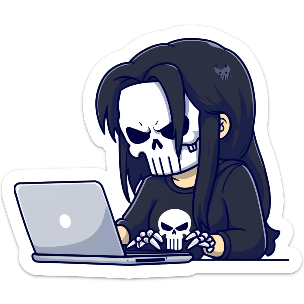 girl Punisher skull with straight long black hair typing on laptop sticker