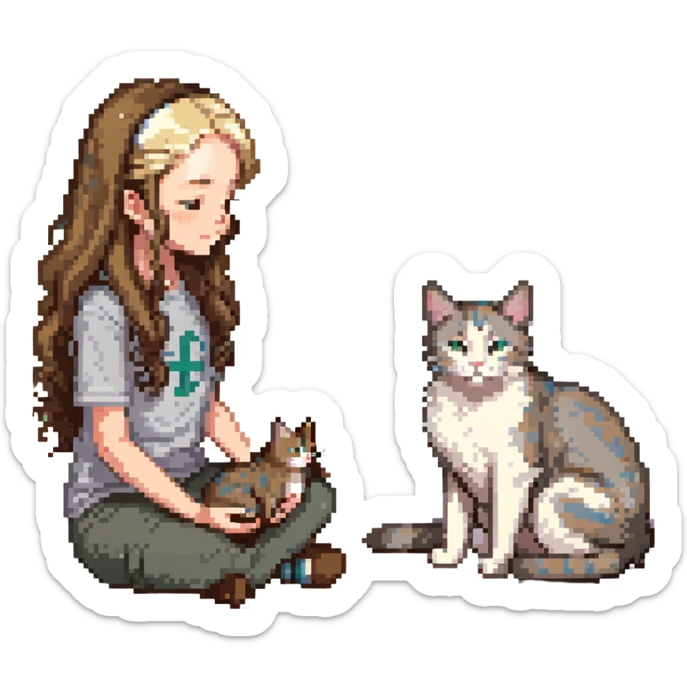 Remix: Beautiful girl with long wavy brown hair, inspired by the reference, petting a gray and blonde mixed cat, pixel art style, girl sitting cross-legged, cat curled beside her sticker