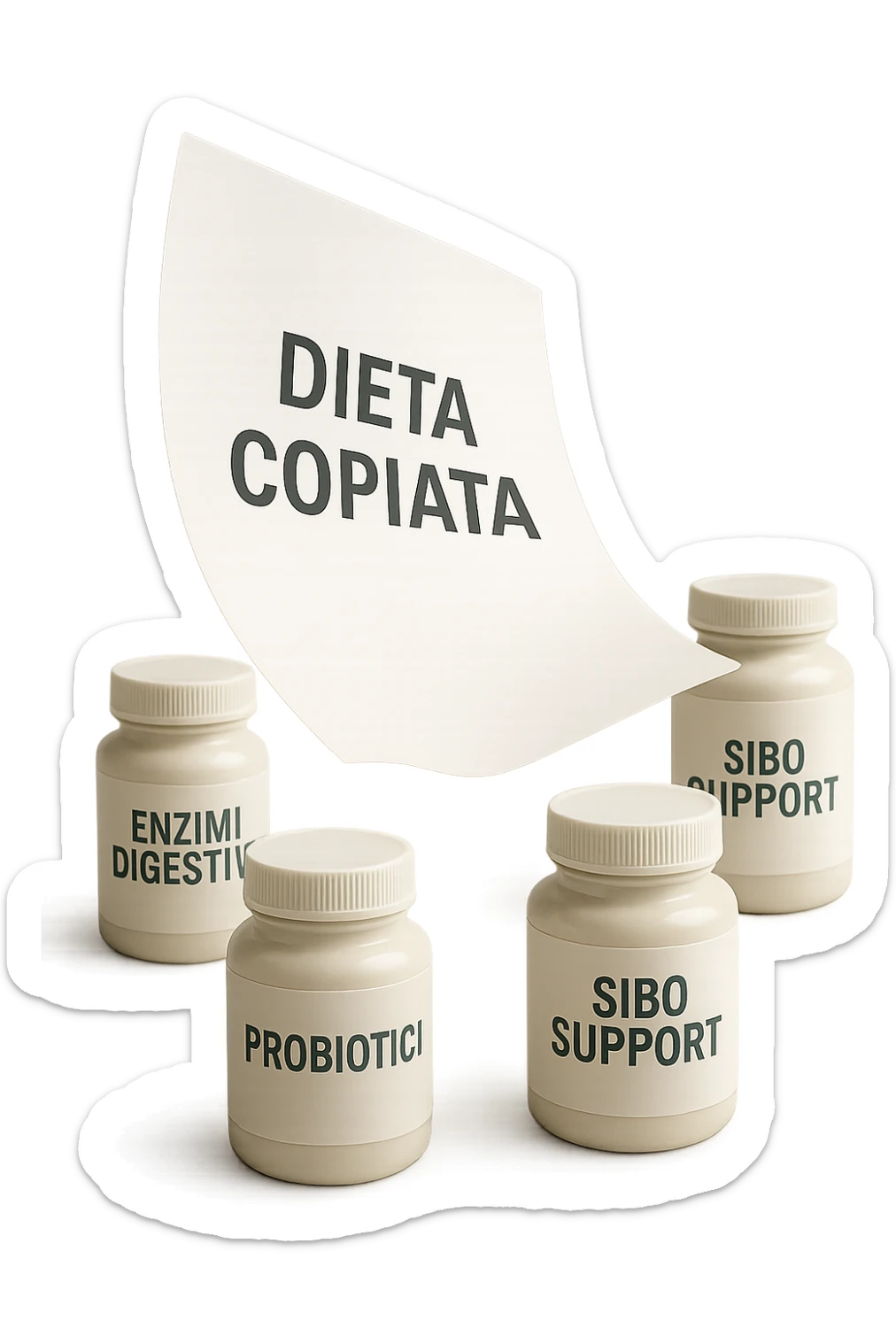 FOGLIO DI CARTA FLUTTUA IN ARIA CON LA SCRITTA "DIETA COPIATA", INSIEME A BARATTOLI DI INTEGRATORI PER CURARE IL SIBO IN ITALIANO, IPERREALISTICO 4K, NON DISEGNATO sticker