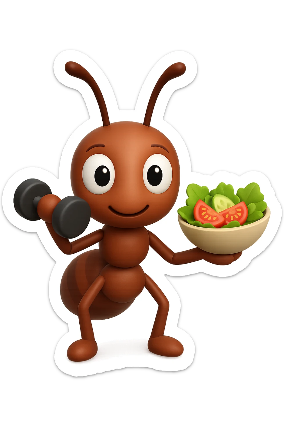 EMOJI STILE IPHONE 3D DI UNA formica CHE ha un manubrio da palestra nella mano destra e un insalata nella mano sinistra, FAGLI GLI OCCHI CON LA PARTE BIANCA, NON SOLO LA PUPILLA sticker