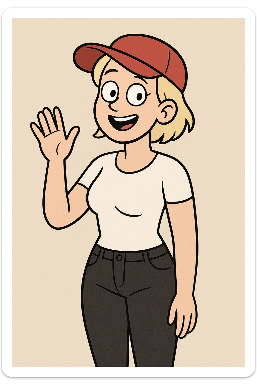 A woman Very Light Blonde short hair Red Ultimate panel Cap white top black jeans a hand say hello sticker