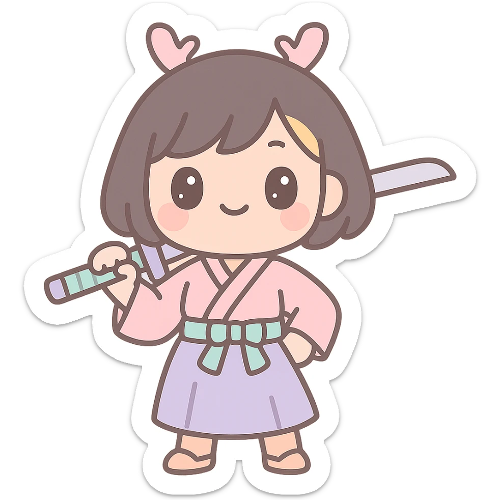 kawaii samurai girl with short hair and one streak of blonde in her hair, standing confidently, holding sword over shoulder, pastel palette sticker