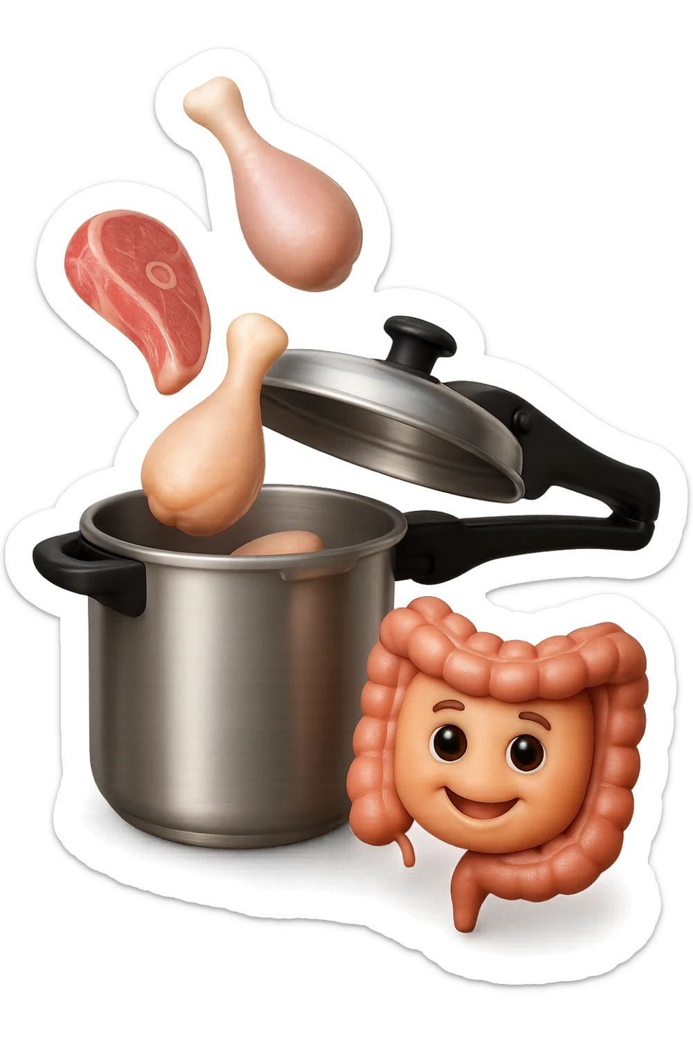 emoji stile iphone in 3d di una pentola a pressione dentro cui cadono agnello, pollo, tacchino crudi e un intestino umano felice da cuocere, iperrealistico 4k sticker