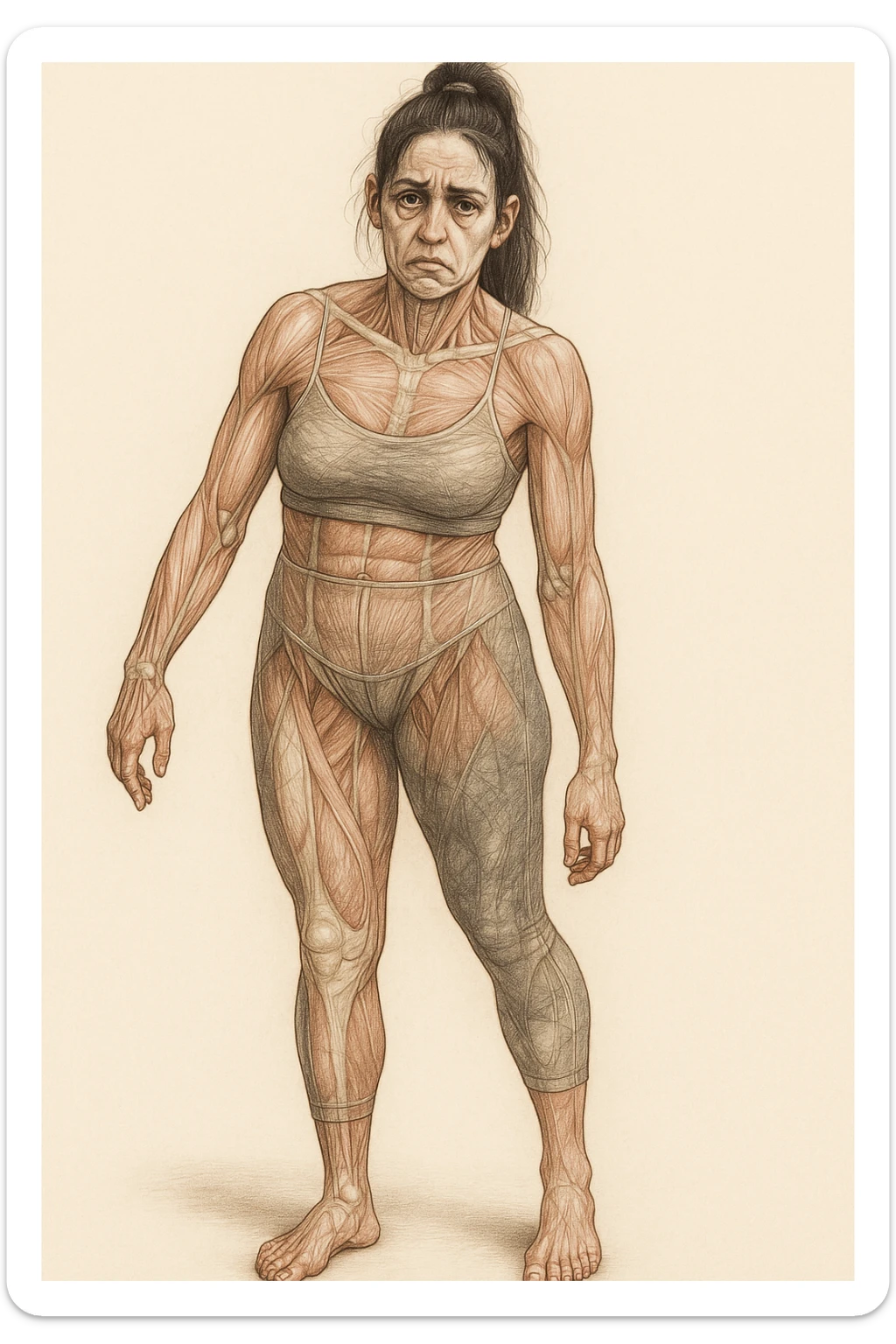 A woman in sportswear with an asymmetric posture, in a medical realistic style showing visible muscles and bones. The expression shows strong chronic stress signs including a tense face, dark circles under the eyes, and muscle tension. The background is neutral and the format is vertical. sticker