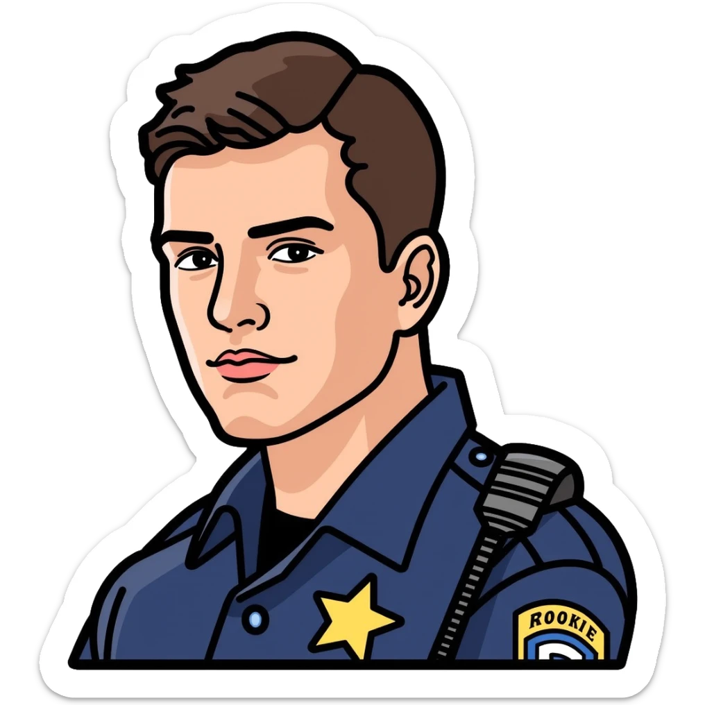 Realistic portrait of Nathan Fillion as John Nolan from The Rookie, detailed police officer with short hair and uniform sticker