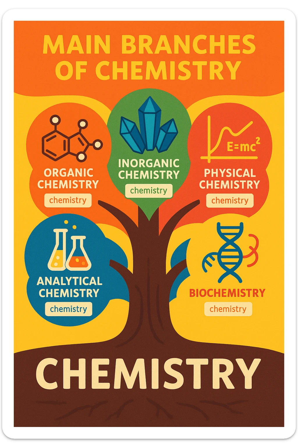 A creative and unique poster about the main branches of chemistry. The poster should have a central theme that ties all the branches together, such as a tree metaphor where the trunk represents chemistry and the branches represent the different fields: Organic Chemistry, Inorganic Chemistry, Physical Chemistry, Analytical Chemistry, and Biochemistry. Include icons and illustrations for each branch, such as molecular structures for Organic Chemistry, crystals or minerals for Inorganic Chemistry, graphs or equations for Physical Chemistry, laboratory equipment for Analytical Chemistry, and DNA strands or biological molecules for Biochemistry. Use a vibrant and cohesive color scheme with different colors for each branch. The layout should be clean and organized with clear headings and concise descriptions. sticker