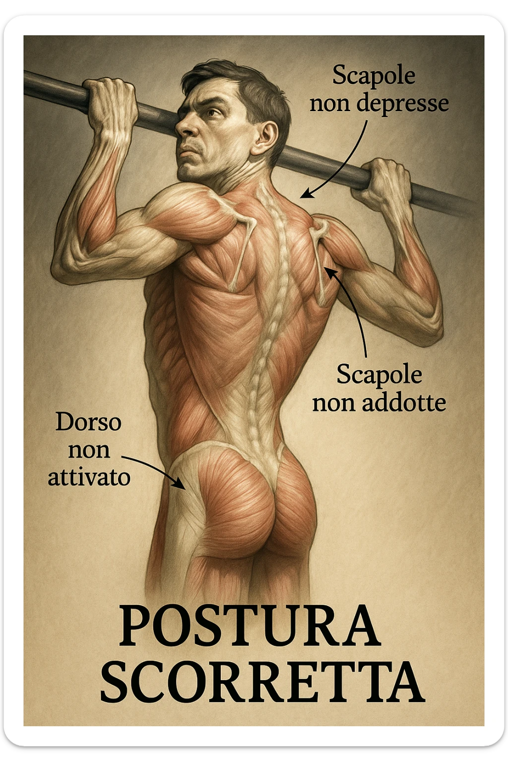 Illustrazione anatomica realistica di un uomo che esegue trazione alla sbarra senza attivare bene le scapole e il dorso, con focus su errori posturali e muscolari. Atmosfera clinica, luci drammatiche, didascalie in italiano, formato 2:3. sticker