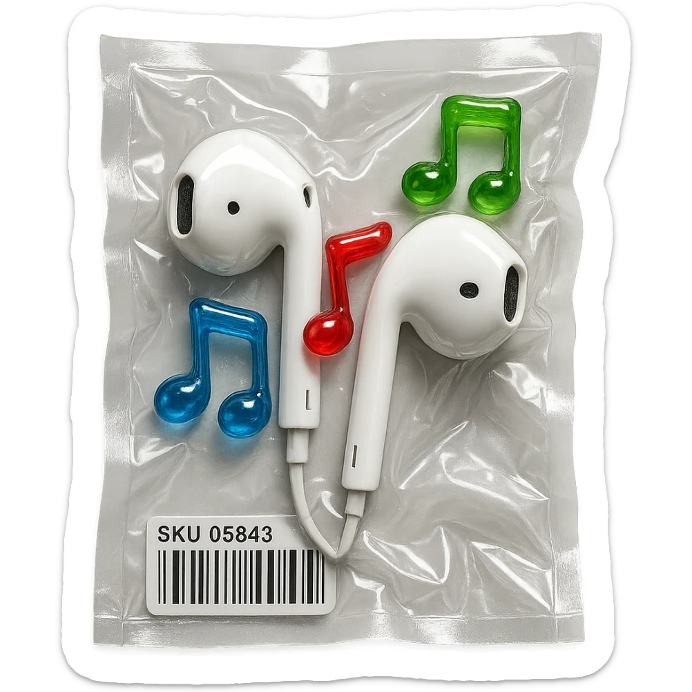 white EarPods headphones surrounded by exactly three small colorful glass music notes, glossy and puffy sticker