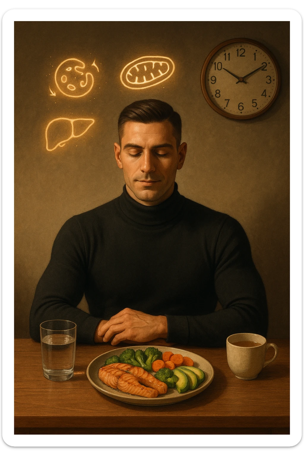 A realistic, cinematic illustration of a healthy, fit man in his early 30s with a calm, disciplined expression, sitting at a clean wooden table in the evening with a single, balanced, nutrient-dense meal in front of him (grilled salmon, colorful vegetables, avocado). The rest of the day he drinks only water and herbal tea, visible in a glass and a simple cup on the side. A wall clock in the background shows 6:00 PM, emphasizing that this is his only meal of the day (OMAD). Subtle glowing icons above him display a regenerating cell, mitochondria, and a liver symbol, representing autophagy, longevity, and health benefits of OMAD. The lighting is warm, with cinematic shadows and natural tones, creating a sense of discipline, mental clarity, and health optimization. The man looks centered and content, showing that OMAD is a conscious choice for energy and regeneration, not restrizione. The scene is realistic with slight film grain for depth sticker