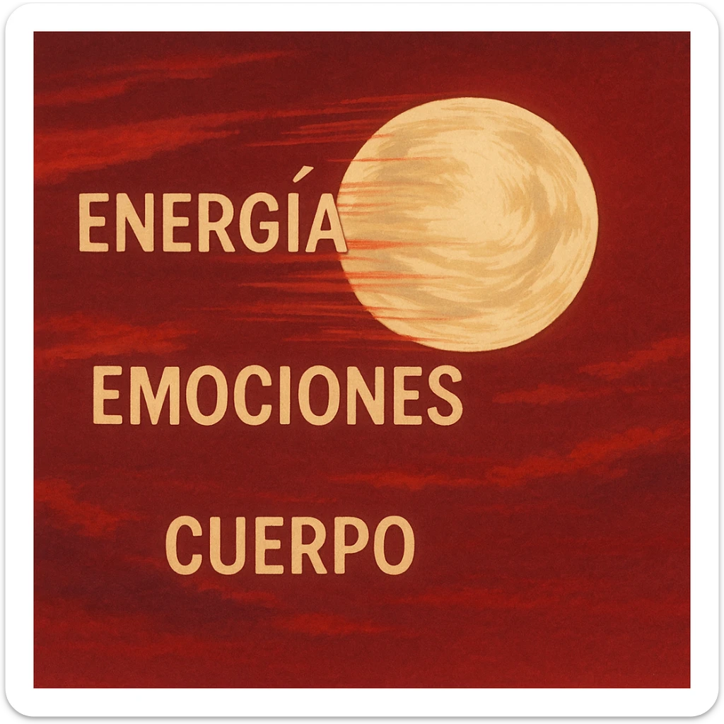 moon in motion in a red sky, words 'energía', 'emociones', 'cuerpo' integrated, ghibli style sticker