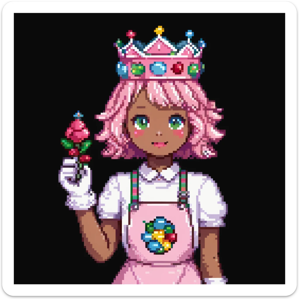 Portrait of a baker dressed in pink candy-themed clothes, gummy bears on his sleeves, rock candy crown, marshmallow gloves, skeuomorphism style sticker