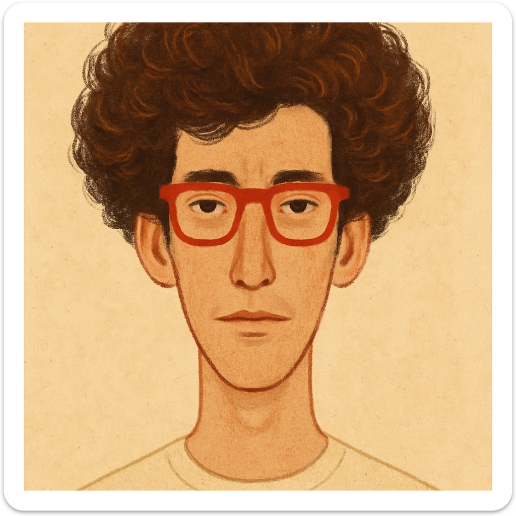 slightly elongated face of a man with red glasses and a big set of brown hair, style 2 sticker