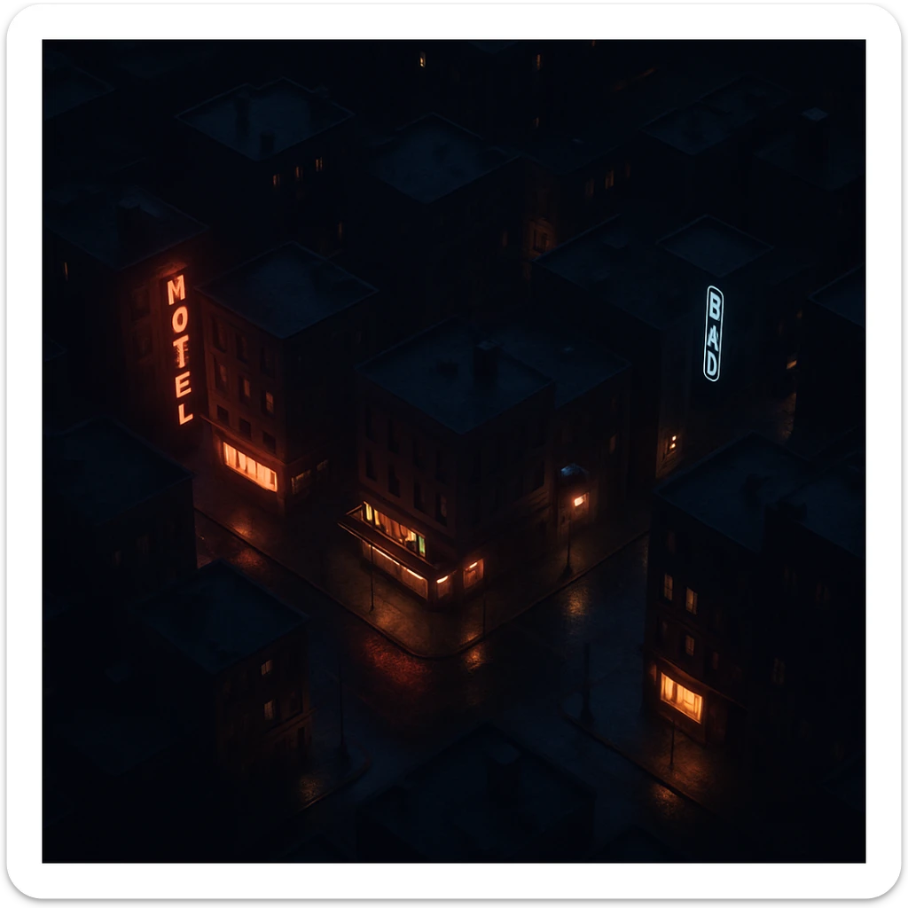 Realistic top-down view of a night city, all in shadow, only establishments glowing, dark and moody, cinematic style sticker