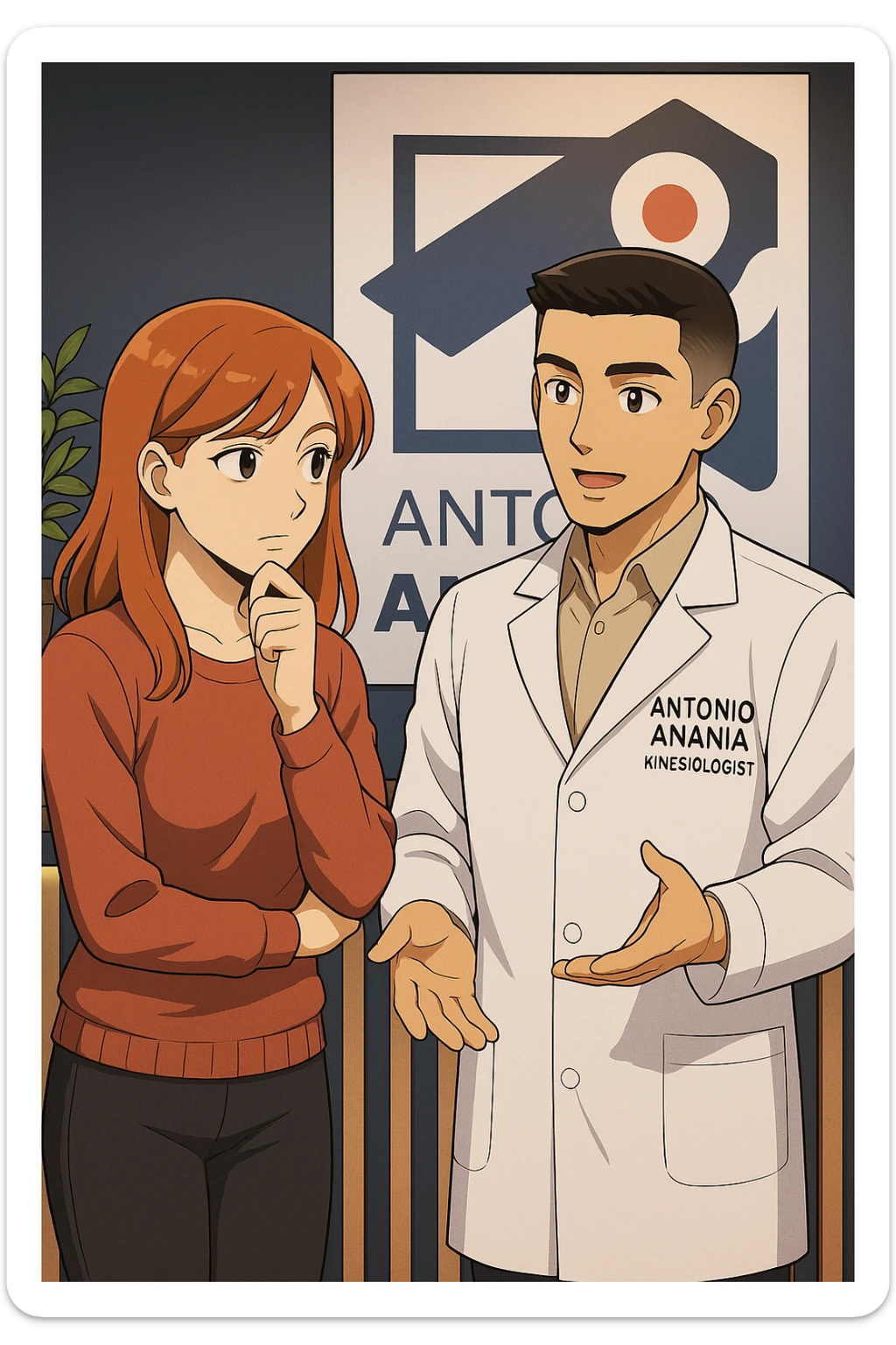 su questo stile fai un manga/webtoon a colori in cui una donna SI TOCCA IL MENTO CON L'INDICE MENTRE ASCOLTA PENSIEROSA L'UOMO, l'uomo della foto in stile manga LE SPIEGA CHE DEVE PROVARE LA SUA VALUTAZIONE MEDICA, mantieni un ambiente simile alla foto che ho allegato con il suo logo (sarebbe il suo studio, lui è un kinesiologo), scrivigli "ANTONIO ANANIA" sul camice bianco, non mettere fumetti, ma fai in modo che sembri che la donna ASCOLTI l'uomo sticker