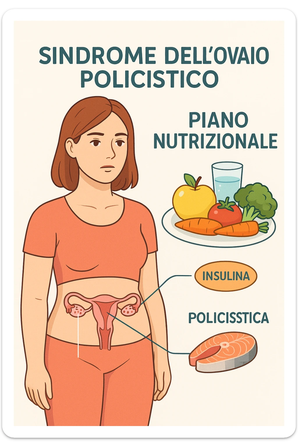 donna con un piano nutrizionale  in 3D immagine medica donna pcos in italiano basta anche solo un riferimento all'insulina sticker