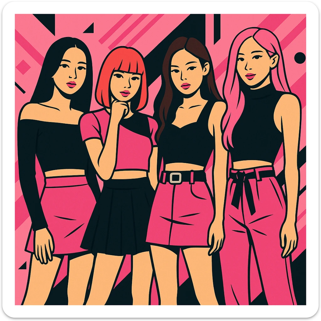 Blackpink K-pop group, trendy fashion, pink and black accents, group pose, modern pop style sticker