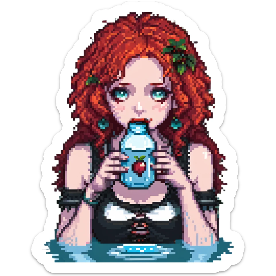 close-up goth girl with red cherry curly hair drinking water, pixel art style sticker