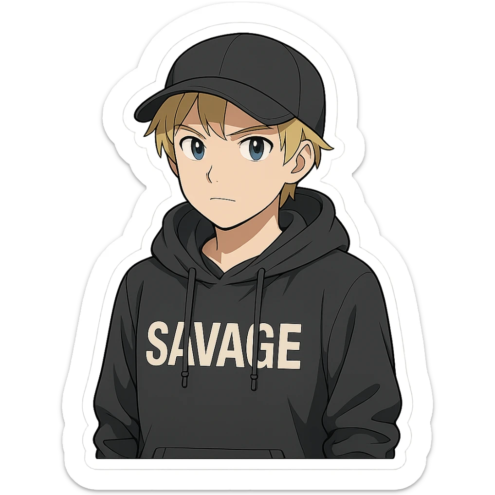 young man with short blonde hair, blue eyes, light skin, dark cap, dark hoodie over a "SAVAGE" t-shirt, white outline sticker effect (anime style) sticker