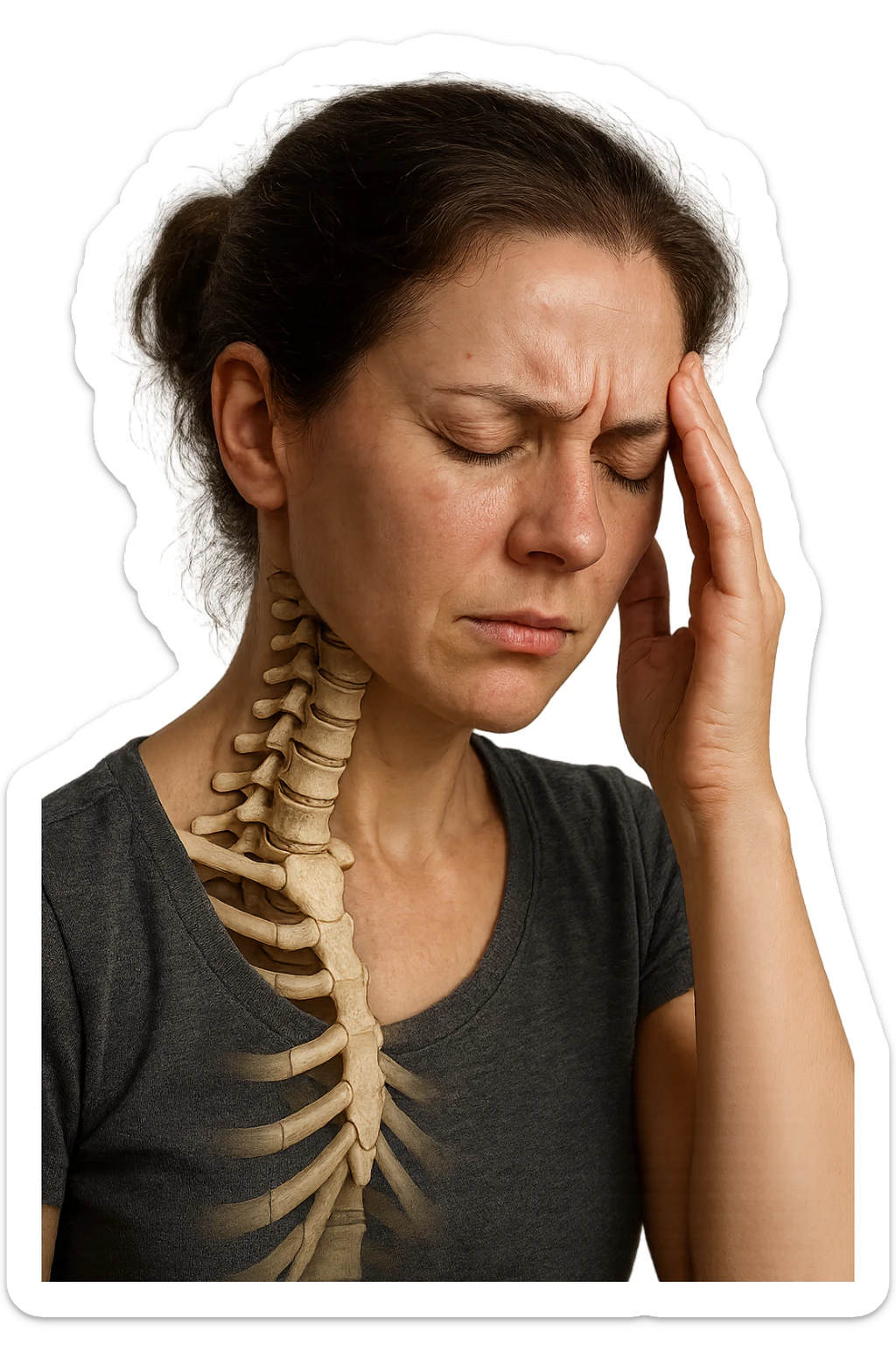 donna stanca che si tiene una mano sulla tempia con spina dorsale anatomica visibile, iperrealistico 4k sticker