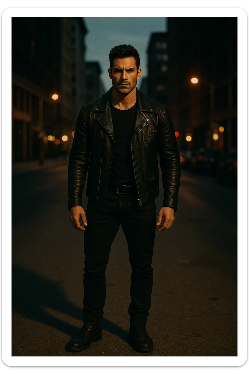 A confident, strong man standing in the middle of a city street at dusk, wearing a black leather jacket and boots, sharp jawline, intense gaze. Radiating masculine energy. Cinematic lighting, moody urban background, dramatic shadows, shallow depth of field. 35mm film style sticker