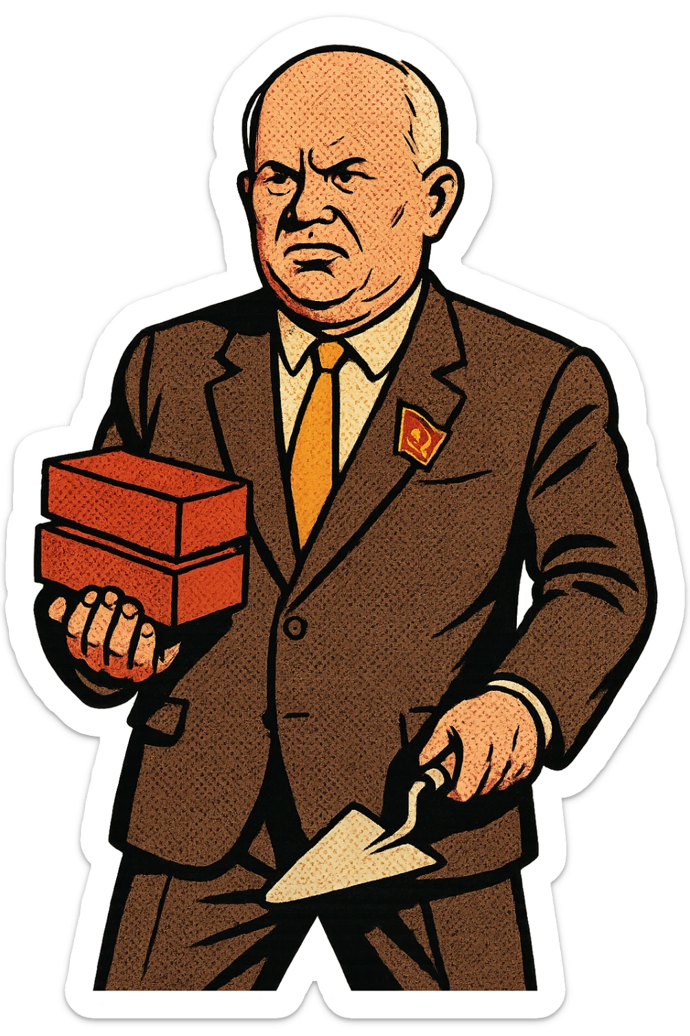 The full body of soviet leader Khrushchev with a communist badge on his suit holding building materials such as bricks and trowels, he is looking determined. sticker