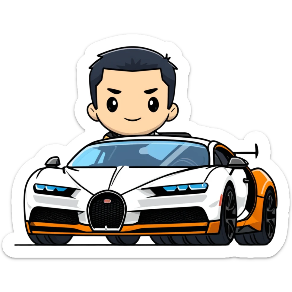 badass guy with black hair driving a black Bugatti Chiron Super Sport 300 sticker