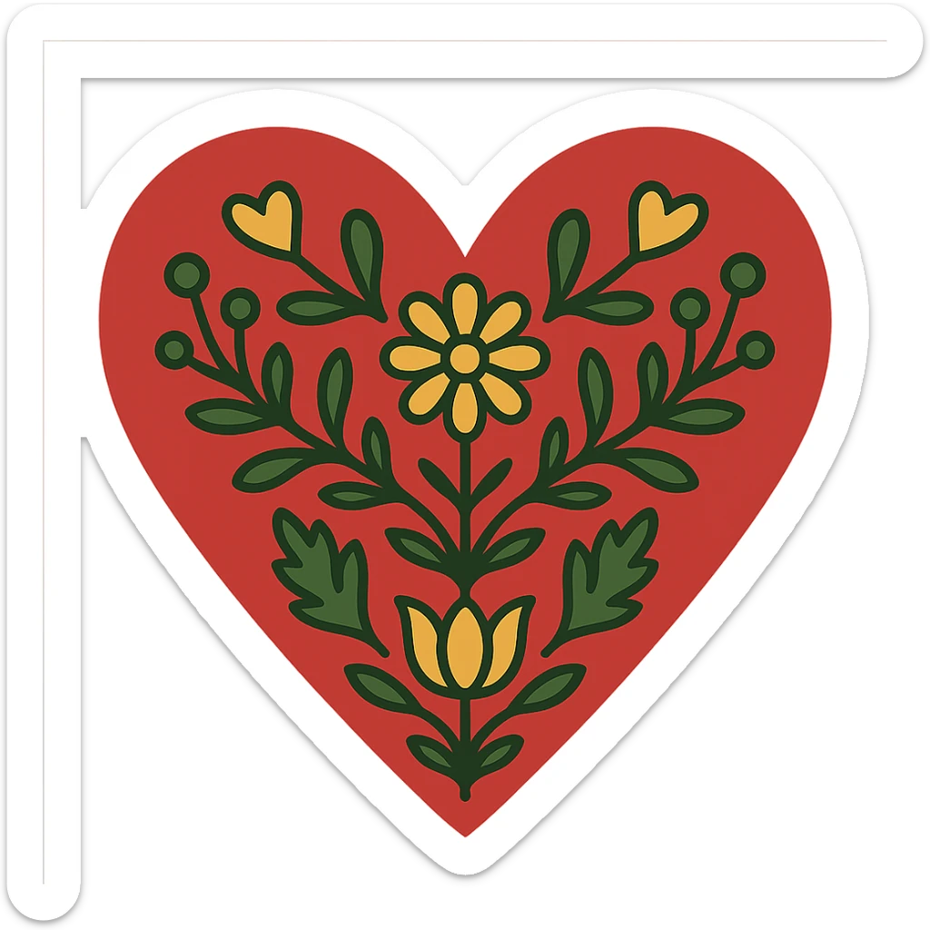 Red heart with Scandinavian folk art, minimalist nature motif, clean lines, simple floral elements, inspired by Swedish Dala painting, with transparent background. sticker