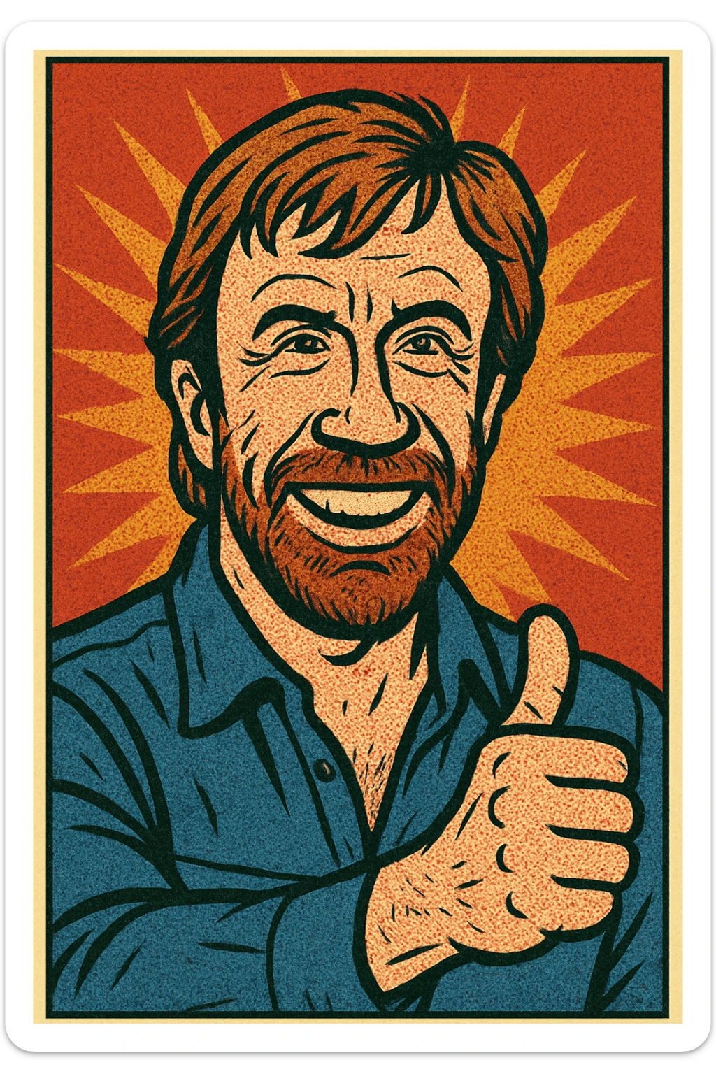 caricature style illustration of Chuck Norris giving a thumbs up of approval, exaggerated features, humorous and bold expression sticker