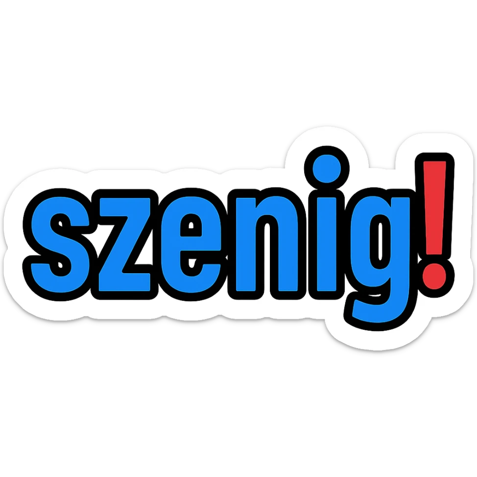 Text logo with the word 'szenig!' filling the entire area. The word 'szenig' is in blue, and the exclamation mark is in bright red. Minimalist style with no background. sticker