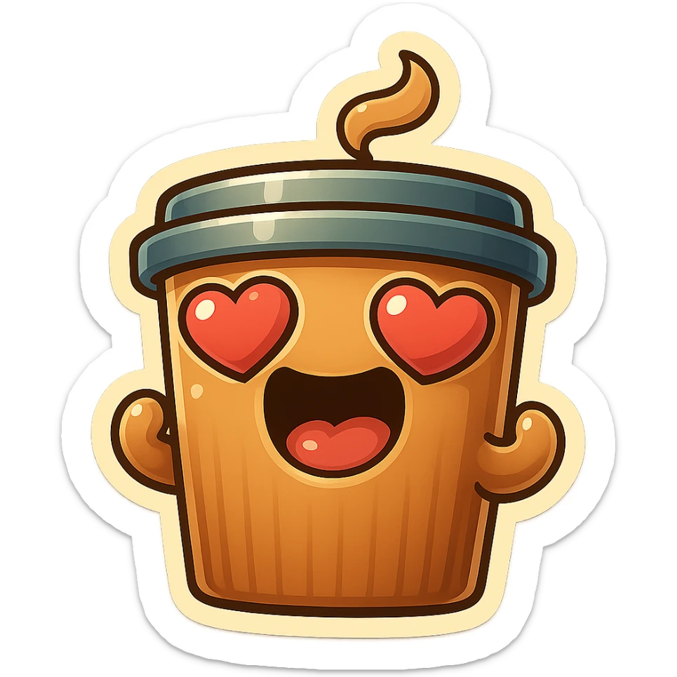 coffee cup creature, big heart eyes, dopey smile sticker