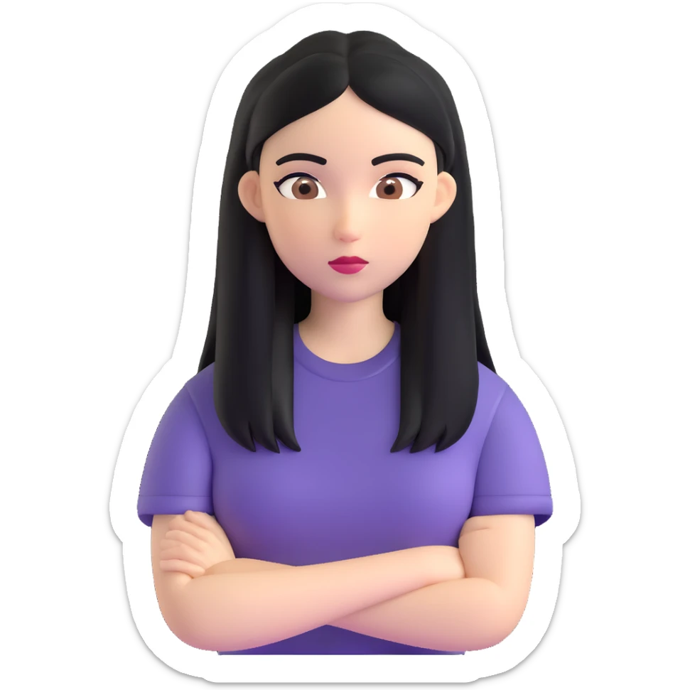 white girl, black long straight hair, brown eyes, dark eyebrows, small lips, black t-shirt sticker