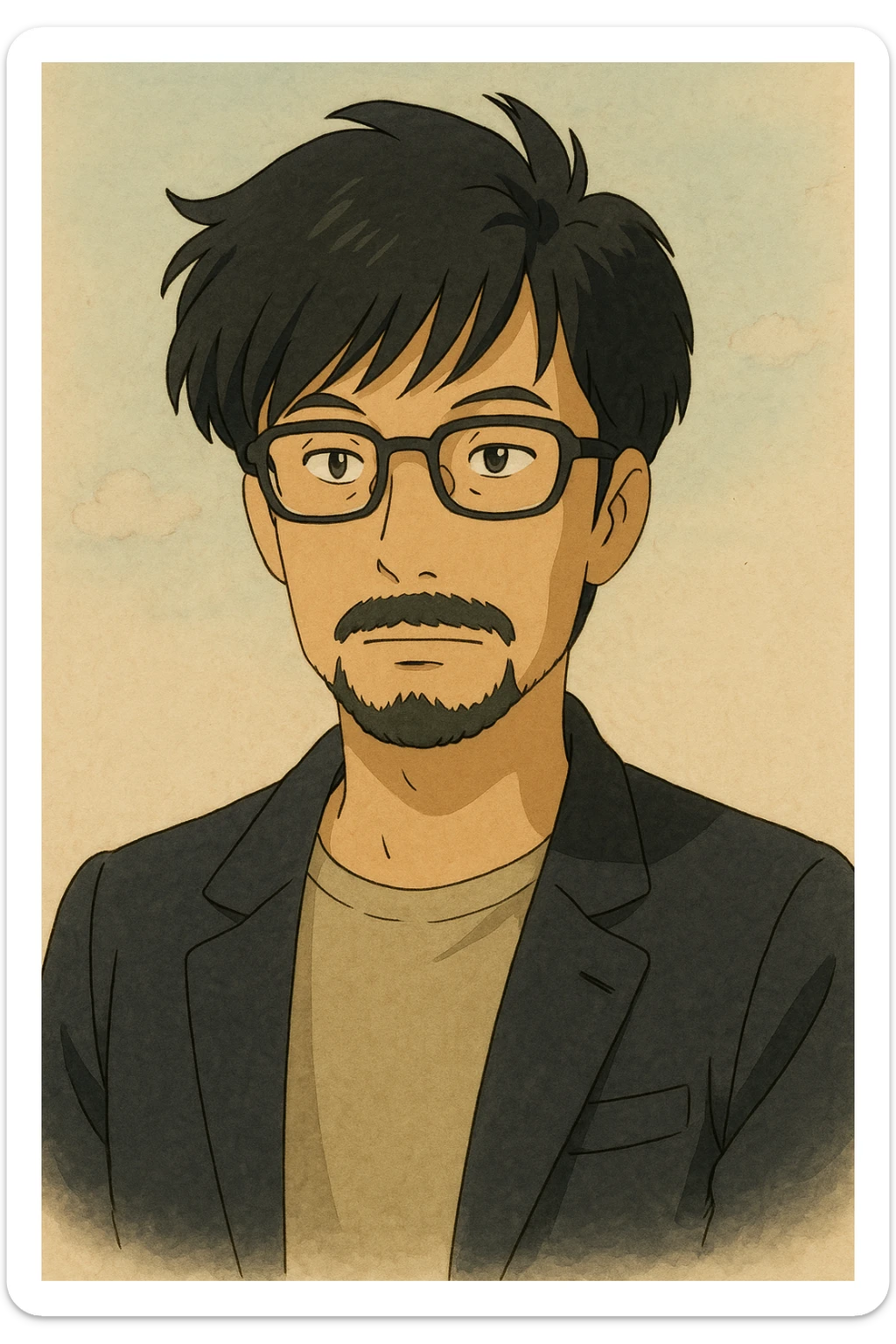 Hideo Kojima as a creative game director with glasses and unique hairstyle, stylized portrait in Ghibli style sticker