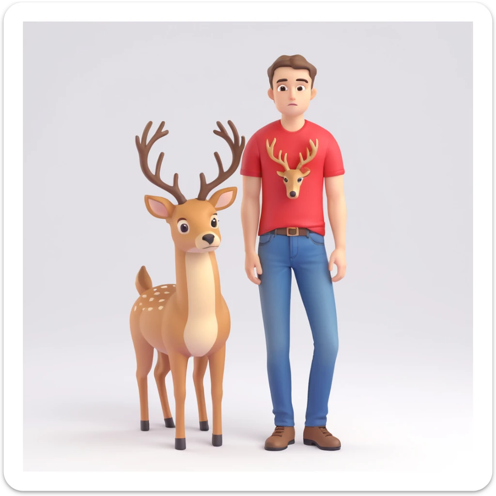 A casual guy with deer antlers, wearing a t-shirt and jeans, with a sad or thoughtful facial expression, neutral background, no snow sticker
